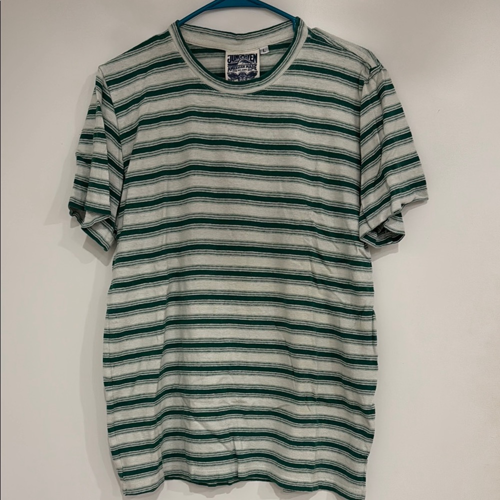 Jumgmaven Green and White Striped Short Sleeve Tee